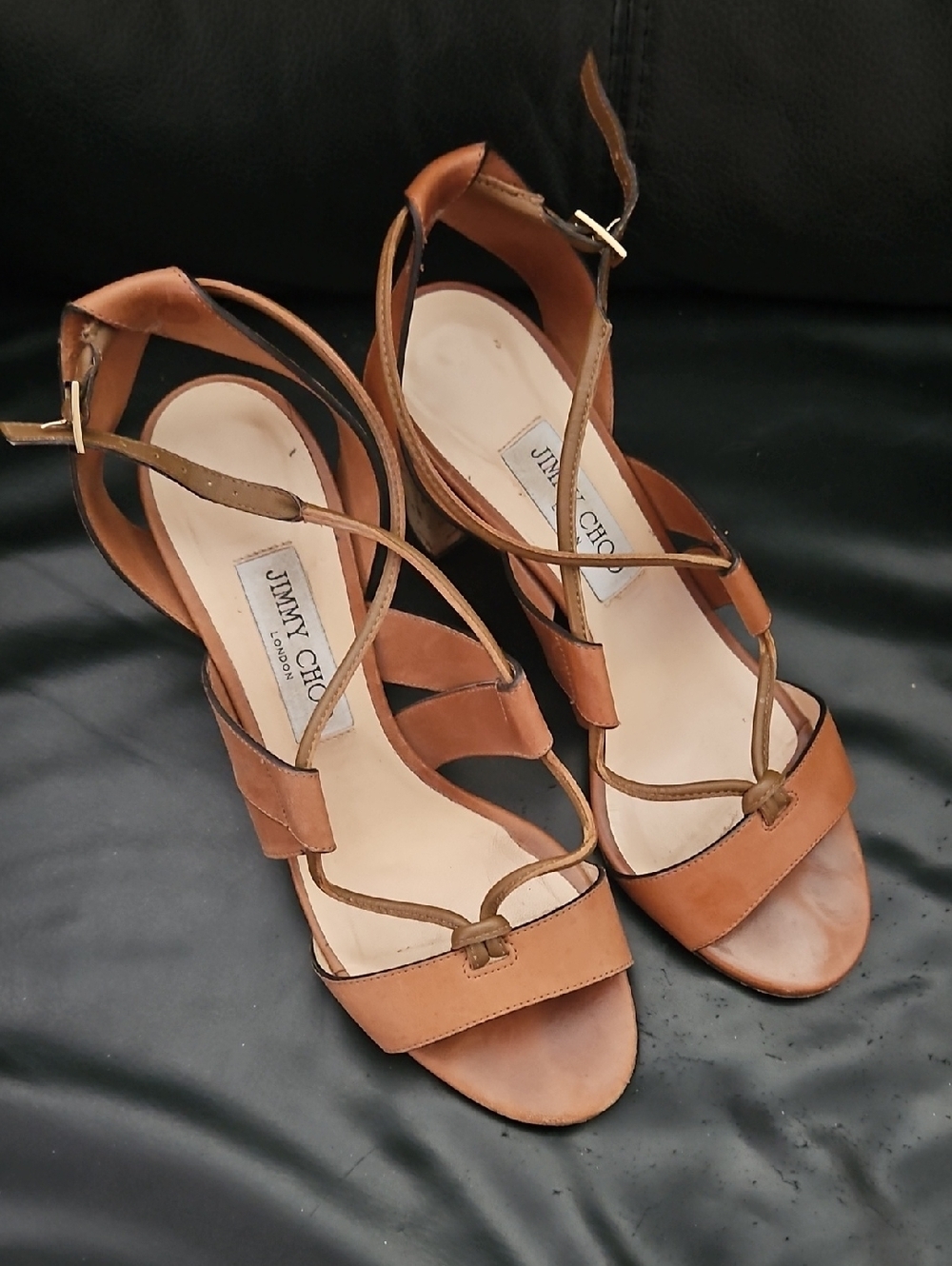 JIMMY CHOO Margo 80 Cork Heel Lace Up Sandal in Brown Leather Size 38.5/ 8/ 8.5